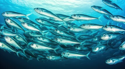 Schools of sardines creating a bait ball, Marine life, silver fish swimming gracefully in clear blue water.