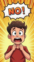 Comic Style Illustration of Surprised Boy with "No!" Speech Bubble