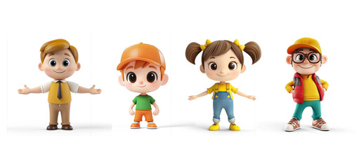 Collection of Cute 3D cartoon character posed on a transparent background