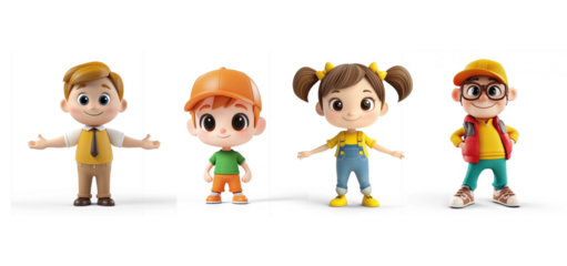 Collection of Cute 3D cartoon character posed on a transparent background