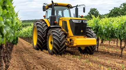 A vibrant yellow tractor navigating through lush vineyard rows during a clear day, showcasing agricultural productivity.