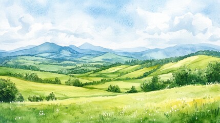 Fototapeta premium Watercolor Landscape with Rolling Hills