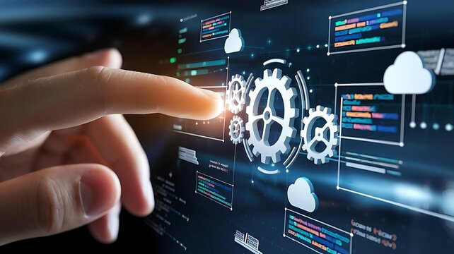 businessman pressing virtual button, cloud computing concept, cloud technology, Saas, Paas, Iaas. AWS Services
