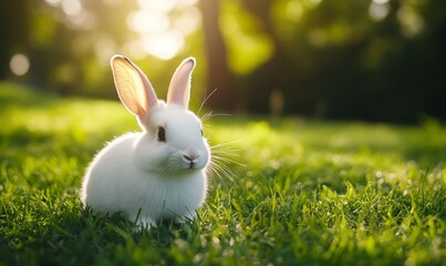 Obraz premium Adorable White Rabbit In Sunlit Green Meadow Setting