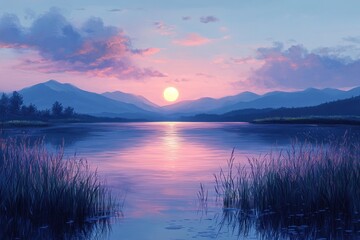 Obraz premium Peaceful Sunset Over Mountains and Lake