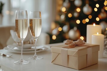 Elegant New Year's Eve dinner table set with champagne glasses, candles, gift box with ribbon, and a soft-focused Christmas tree in the background.