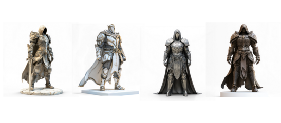 Collection of 3D fantasy character with armor, standing on a white surface. isolated on transparent background