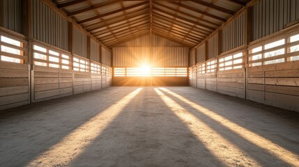 A serene indoor barn illuminated by soft sunlight, creating dramatic shadows on the floor, perfect for rustic and rural themes.