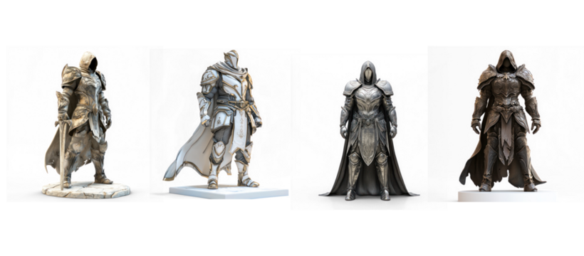 Collection of 3D fantasy character with armor, standing on a white surface. isolated on transparent background
