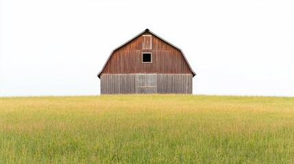 Obraz premium A rustic barn stands alone in a vast field, surrounded by tall grass and a serene landscape, perfect for rural or agricultural themes.