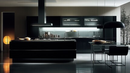 Contemporary luxury kitchen with a monochromatic color scheme, glass cabinetry, minimalist pendant lighting,