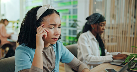 Study room, students and woman with laptop, confused and online reading for email notification. University, college and people with computer, campus or girl with doubt, education and frustrated