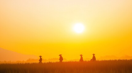 Naklejka premium Beauty of Rural China: Captivating Sunset with Silhouetted Farmers and Vibrant Crops | Ultra-Detailed Landscape Photography