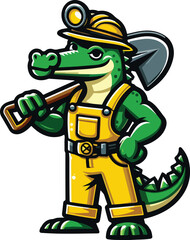 a crocodile mascot wearing a yellow miner's outfit, bringing a shovel, standing in a full body pose