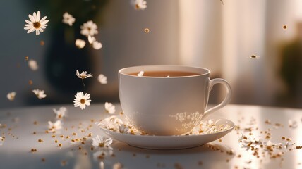 Fototapeta premium Flavorful chamomile tea in a delicate porcelain cup with floating blossoms for a soothing experience.