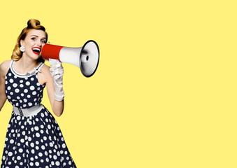 Image - happy pin up woman shout mega phone megaphone advertisement. Pinup girl advertise by loudspeaker bullhorn isolated against yellow colour background. Mockup free text place. Black Friday Sale.