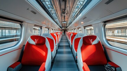Empty modern passenger train interior with red seats
