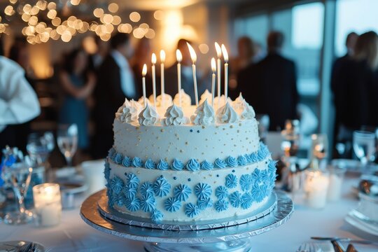 A milestone birthday party features a large cake and a slide show of the guest of honor&rsquo;s life. Family and friends celebrate, Generative AI