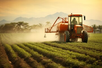 Obraz premium Fields of Memory: Soft, Hazy Glimpse of Tractor Work Across Fertile Lands