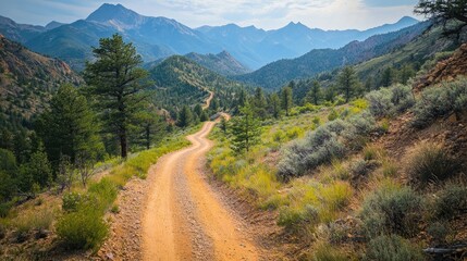 Naklejka premium Winding dirt road leading into the mountain range