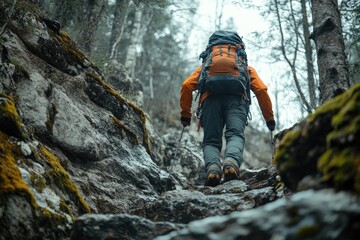 Hiker walking up rocky mountain trail in forest