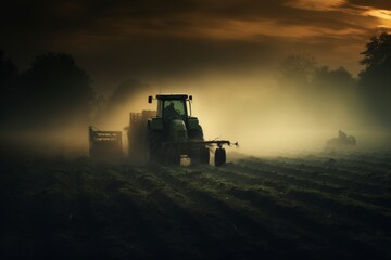 Fototapeta premium Grit and Gradient: A Tonalist Tractor Spraying Vegetable Fields in Dark, Sharp Contours