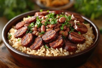 Delicious cajun-style sausage and red beans with rice garnished with parsley
