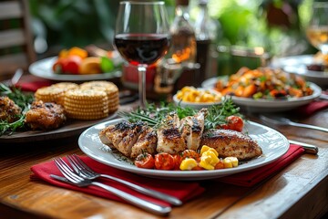 Christmas dinner table with white plates, red napkins, wine glass, corn cobs, baked chicken, vegetables, and fried fish. Family gathering concept with bokeh background.