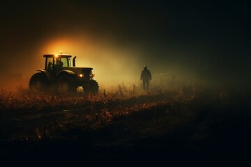Fototapeta premium Grit and Growth: A Tonalist Depiction of Vegetable Fields Sprayed by a Tractor in Reductionist Form