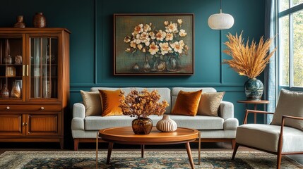 Elegant living room interior design with retro furniture and flower painting displaying autumnal colors