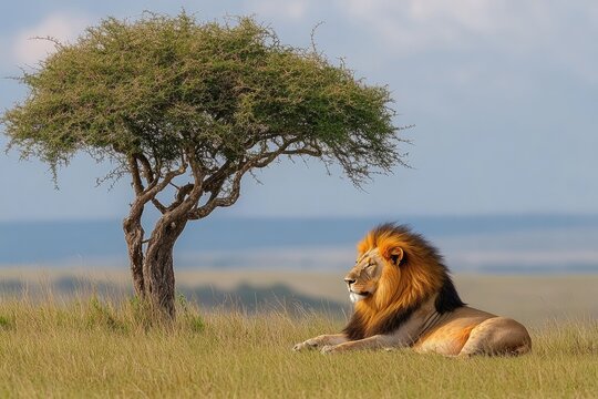 Majestic male lion resting under acacia tree in serengeti national park