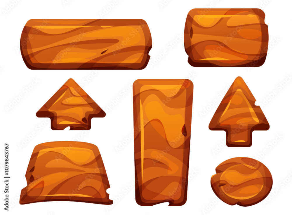 Poster wooden game interface elements with natural grain texture. set of rectangular buttons, directional a