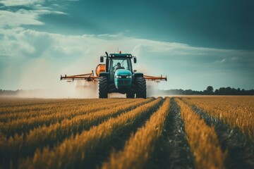 Obraz premium Harvest Hues: A Commercial Glimpse of Field Spraying in Dark Cyan and Warm Orange