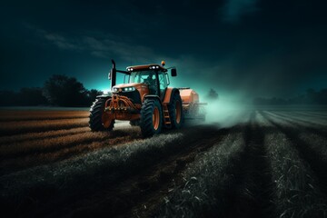 Obraz premium Industrial Harvest: A Tractor Spraying Across Rich Fields