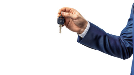 Male hand in a suit holding car keys on white transparent background
