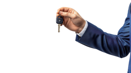 Male hand in a suit holding car keys on white transparent background
