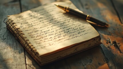 An open notebook with a pen on a wooden surface.