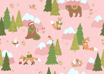 Winter Christmas seamless pattern of forest animal, grizzly bear and fox decorations landscape vector illustration