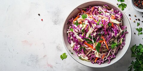 A crisp coleslaw of shredded purple cabbage and carrots, garnished with parsley, offering a visually appealing and nutritious addition to any meal.