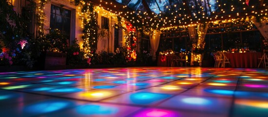 Fototapeta premium A lit dance floor at an outdoor event with string lights overhead.