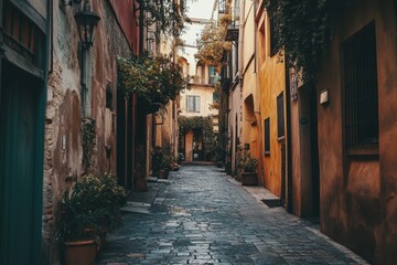 Fototapeta premium A narrow, cobblestone street in a European city, lined with old buildings.