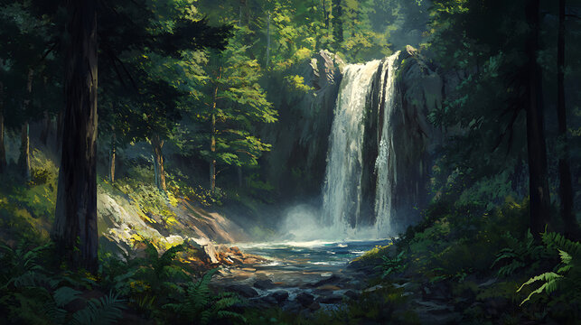 A local favorite waterfall in a remote forest, cascading down a cliff and framed by tall trees and ferns 