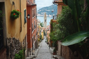 A narrow cobblestone street leads up to a church with a bell tower, overlooking a blue bay.