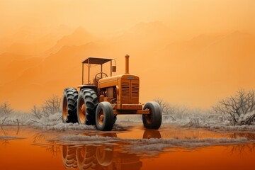 Fototapeta premium Soft Hues of Labor: The Orange Tractor in a Dreamy, Watered Landscape