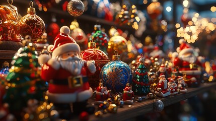 Naklejka premium A festive display of colorful holiday decorations and figurines.