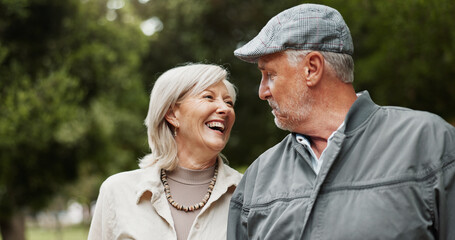 Summer, love and laughing with old couple in park for retirement, happiness and wellness. Funny,...