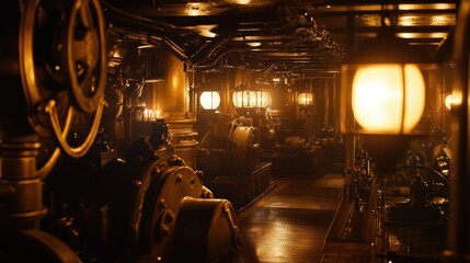 Fototapeta premium A dimly lit engine room of a ship, showcasing the intricate machinery and pipes. The warm glow of the lights illuminates the space, creating a sense of mystery and industry.