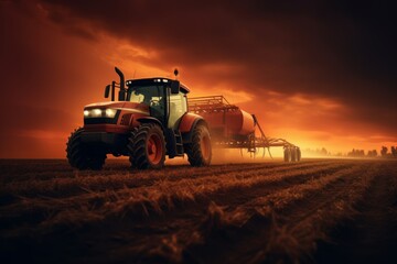 Naklejka premium The Color of Cultivation: A Tractor's Dance in the Field