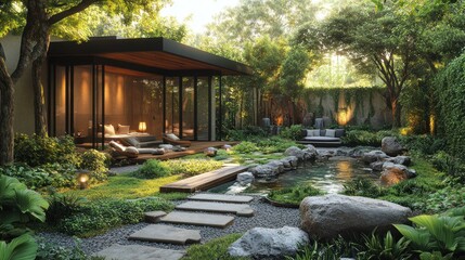 Fototapeta premium Serene garden with modern architecture and tranquil water features.