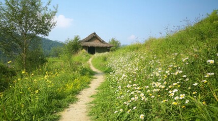 Tranquil Rural Chinese Landscape with Wildflowers and Thatched Cottage Surrounded by Greenery | Ultra-Detailed Photo of Idyllic Countryside Path